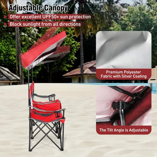 Miniatura 4 de S AFSTAR Silla de camping con toldo, silla de playa plegable para 2 personas con portavasos, cortinas de sombreado de 3 lados y bolsa enfriadora