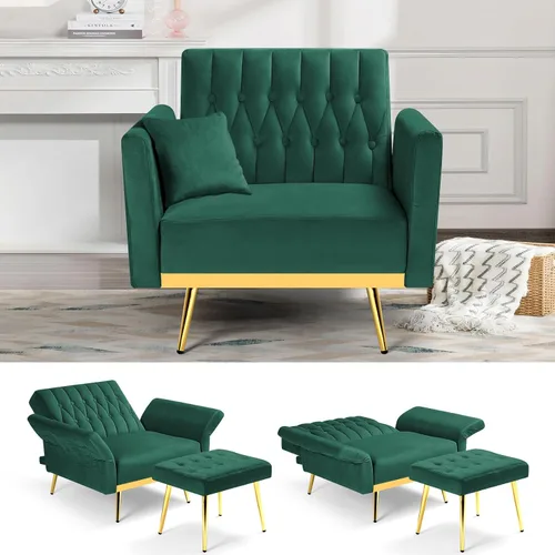 Silla decorativa de terciopelo con respaldo y reposabrazos ajustables, sillón reclinable individual con otomana y patas mentales doradas para sala