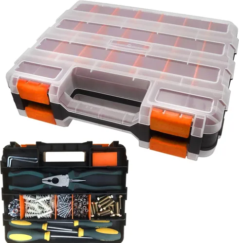 Caja organizadora de herramientas, caja de almacenamiento de piezas pequeñas, 50 compartimentos, organizadores de hardware de doble cara con Naranja