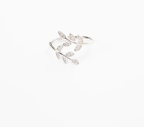 Miniatura 5 de Sterling Silver 925 Clear CZ Ring Leaf Laurel Nature Branch Adjustable Band Tiny Diamonds