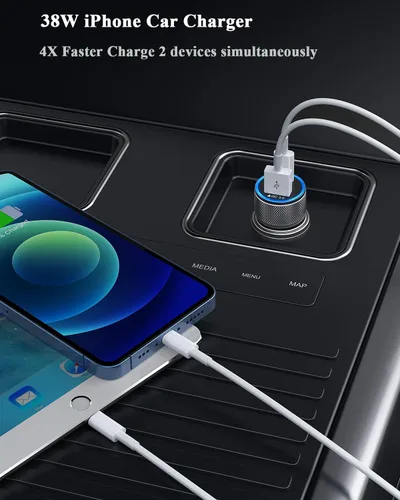 Miniatura 2 de Cargador de iPhone para automóvil,【2 paquetes】38W Puerto dual USB C+QC3.0 [Certificado MFi de Apple] Carga rápida Encendedor de cigarrillos Cargador