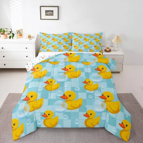Miniatura 43 de Erosebridal Juego de ropa de cama a cuadros azul para niños, juego de cama individual con diseño de patos amarillos de dibujos animados, juego