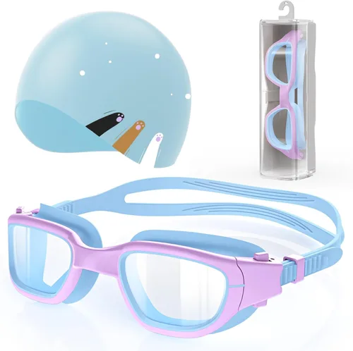 Kids Swim Goggles with Silicone Swim Cap, Swimming Goggles Cap Set for Kids 6-14, Anti-Fog Anti-UV for Boys Girls Gorra azul/púrpura+azul