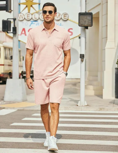 Miniatura 25 de COOFANDY Conjunto de camisa polo y pantalones cortos de punto gofre para hombre, conjunto de 2 piezas, traje de verano casual con bolsillos
