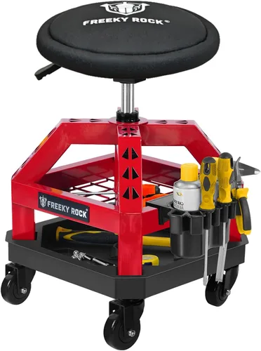 Miniatura 10 de Taburete de taller rodante con ruedas, taburete de trabajo de garaje resistente para mecánicos, altura ajustable de 22.44"-28.94", silla giratoria