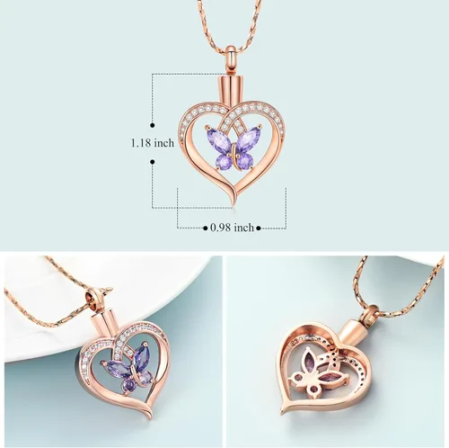 Miniatura 9 de Imrsanl Collares de urna de mariposa para mujeres y niñas, joyería de cremación con piedra natal, colgante para cenizas humanas, medallón