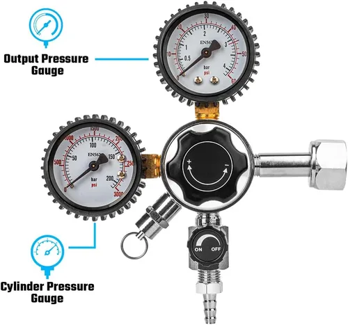 Miniatura 4 de TMCRAFT Regulador de CO2 de barril, regulador de presión CGA-320 de doble calibre con presión de trabajo de 0-60 PSI y presión de tanque de 0-3000
