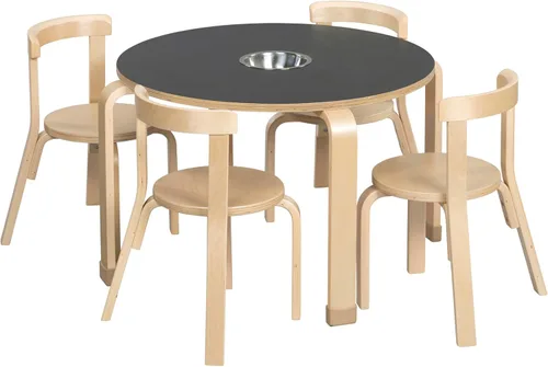 ECR4Kids Juego de mesa redonda de pizarra de madera curvada y silla con respaldo curvo, muebles para niños, natural, 5 piezas