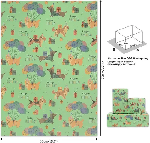 Miniatura 2 de Apol Papel de regalo de feliz cumpleaños, papel de regalo para cachorros, 4 hojas plegadas, papel de estraza para niños, niñas, mujeres, hombres