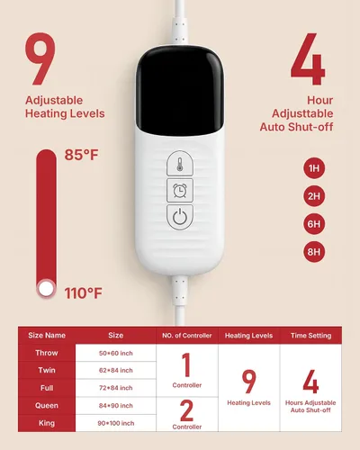Miniatura 3 de Manta térmica, manta eléctrica de tamaño matrimonial de 72 x 84 pulgadas con apagado automático, manta de franela ultrasuave de calentamiento