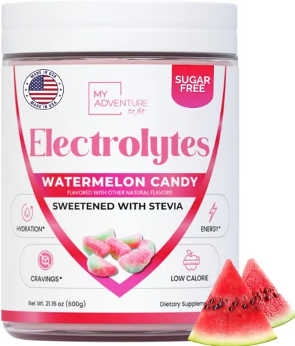 Polvo de electrolitos sin azúcar - Sabor a caramelo de sandía - Hidratación refrescante - Energía sin cafeína con ingredientes totalmente naturales