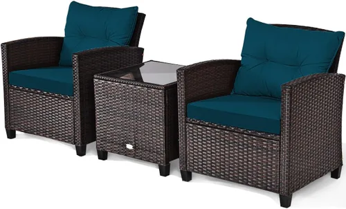 Miniatura 9 de RELAX4LIFE Juego de muebles de patio de 3 piezas, juego de conversación de mimbre con 2 sillones acolchados y mesa con tapa de cristal, juego
