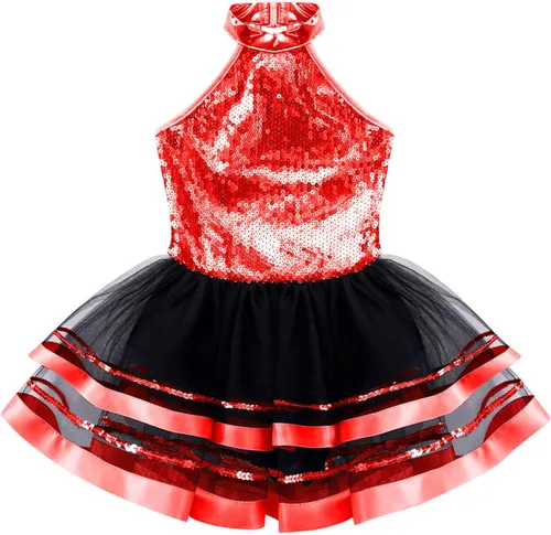 Miniatura 83 de CHICTRY Vestido tutú de ballet con lentejuelas brillantes para niñas y niñas, moderno disfraz de baile latino de jazz