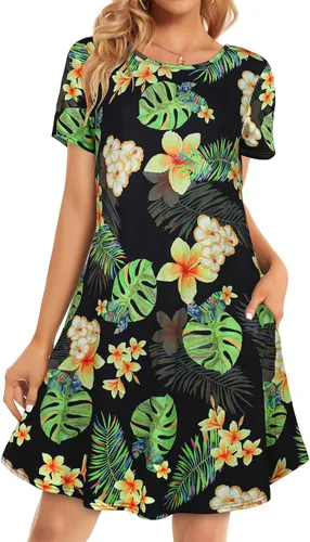 Miniatura 31 de Vestidos de verano para mujer, informales, holgados, estilo camiseta, florales, de manga corta, con vuelo y bolsillos, para la playa