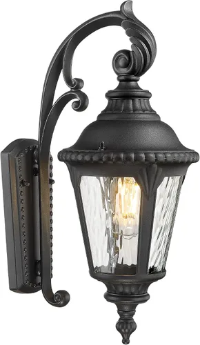 Emliviar XE265B-S BK-SW - Aplique de pared clásico negro para exteriores de 19.7 pulgadas con pantalla de vidrio ondulado de agua, XE265B-S BK-SW