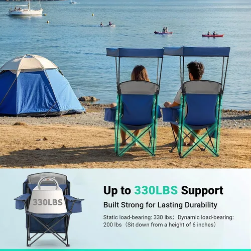 Miniatura 6 de Overmont - Silla de camping con toldo de 330 libras, silla de playa plegable resistente con bolsa enfriadora de 3 L, soporte de respaldo alto