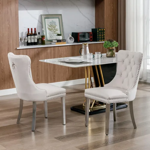 Miniatura 8 de Juego de 6 mesas de comedor extensibles de 62.99 a 78.74 pulgadas, mesa de comedor blanca y 6 sillas de comedor de terciopelo beige con patas