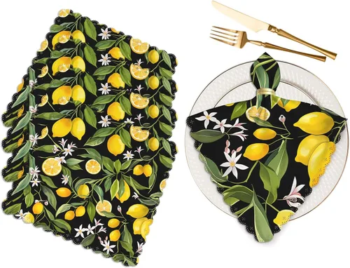 Yibeas Juego de 4 servilletas de tela de frutas de limón, flores, hojas, limones de poliéster, servilletas de cocina para decoración de vacaciones,