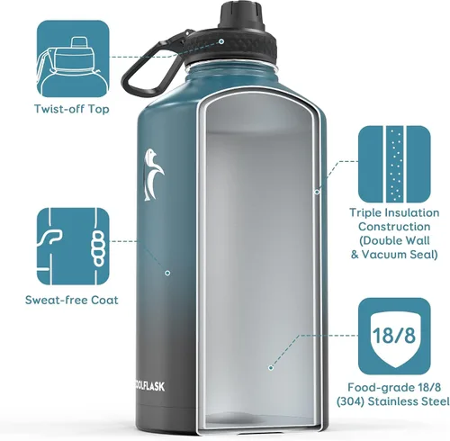 Miniatura 3 de Coolflask Botella de agua de 20 onzas aislada con pajilla, 3 tapas de metal de acero inoxidable, botella de agua de boca ancha para deportes u