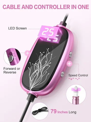 Miniatura 2 de Subay Kit profesional de manicura y pedicura, juego de taladro eléctrico para uñas con pantalla LED, 25000 RPM, 11 accesorios más 20 bandas