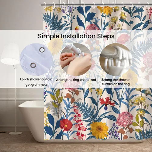 Miniatura 5 de RosieLily Cortinas de ducha, juego de cortinas de ducha florales con 12 ganchos, cortinas de ducha coloridas florales y hojas, decoración de baño