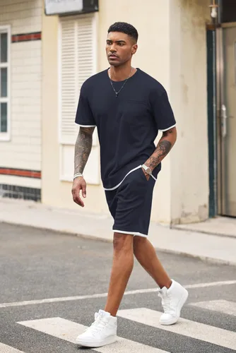 Miniatura 59 de COOFANDY Conjunto de camisa y pantalones cortos de gofre para hombre, conjunto de 2 piezas, conjunto casual de verano con bolsillos