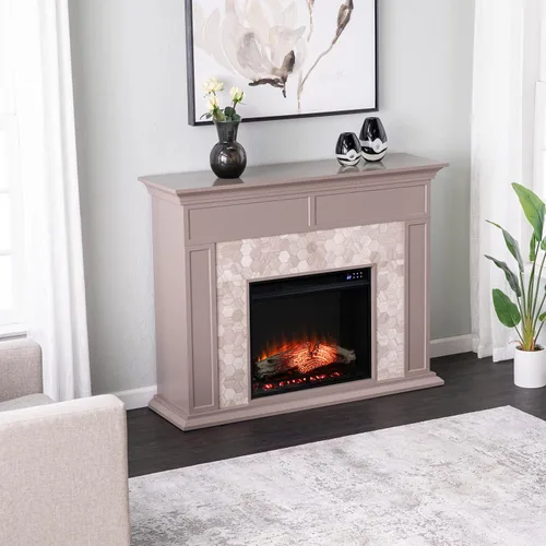 Miniatura 2 de SEI Furniture - Chimenea eléctrica con pantalla táctil de mármol Torlington - Gris - Diseño de transición, tapa de mármol gris - Ideal para sala