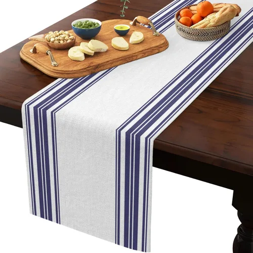 Miniatura 2 de Nautical Navy Blue Vertical Striped Table Runner Dresser Scarves, 13x36In Non-Slip Rectangular Table Dress Scarf White Kitchen Dinner Tables Decor
