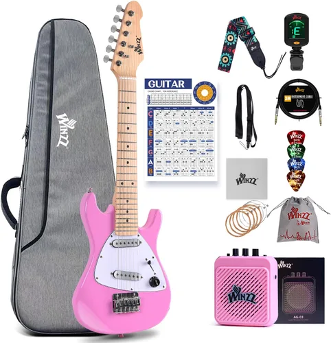 Miniatura 13 de WINZZ - Guitarra eléctrica para niños de 30 pulgadas, kit para principiantes, tamaño 1/4 mini, juego completo de iniciación con amplificador