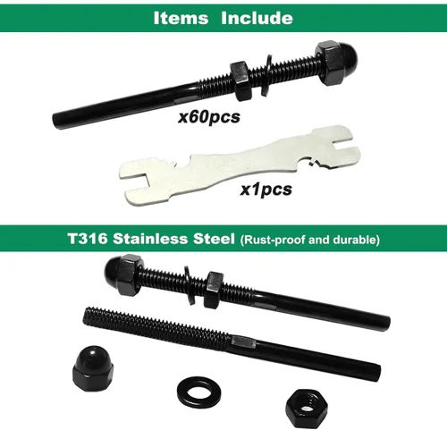 Miniatura 3 de Accesorios de barandilla de cable negro 1/8, kit de sistema de barandilla de cable de acero inoxidable T316, tensor de espárragos, 60 piezas
