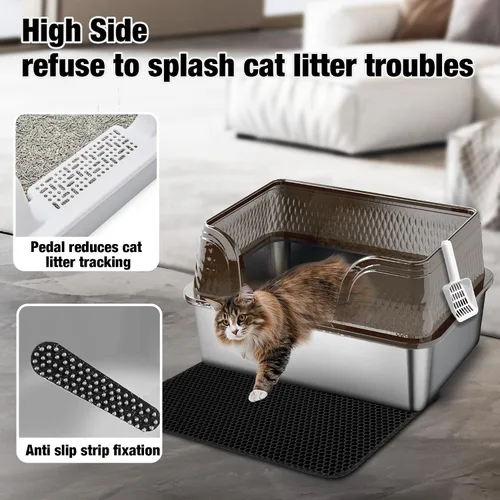 Miniatura 3 de Suhaco Caja extra grande de arena para gatos de acero inoxidable con tapa XXL Cajas de arena para gatos con lados altos incluidas Alfombrilla
