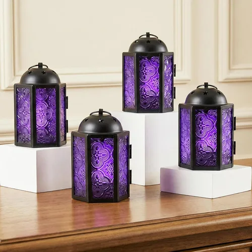 Miniatura 14 de VELA LANTERNS - Juego de 4 linternas para velas tea light, estilo mini marroquí, de 4.25" de tamaño pequeño, decorativas para mesa o colgar, metal