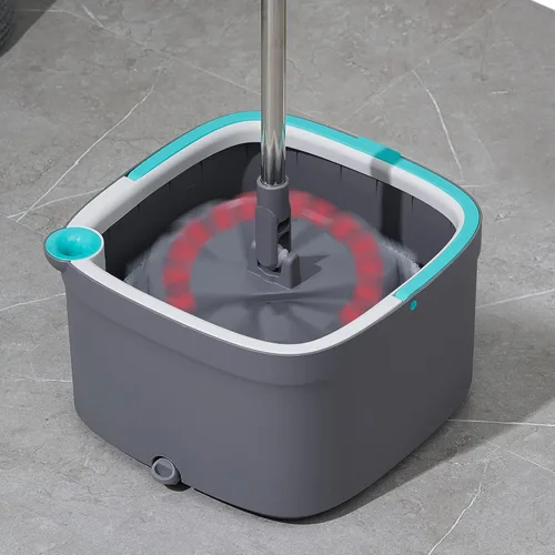Miniatura 5 de Trapeador giratorio y cubo con compartimentos separados para agua limpia y sucia, versión mejorada 2025 con cepillo lateral y mango de pie, Gris