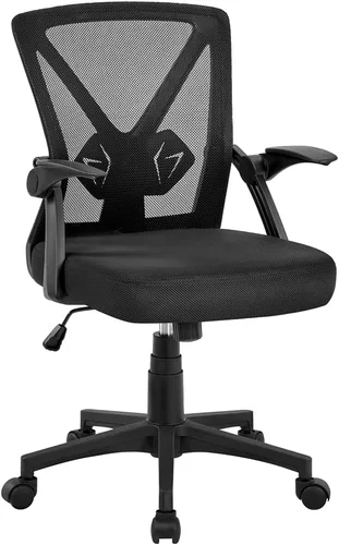 Yaheetech Silla de oficina en casa, silla de escritorio de trabajo, silla giratoria de malla para computadora con brazos abatibles, altura Negro