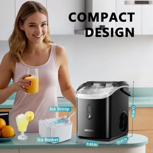 Miniatura 8 de EUHOMY, Fabricador de hielo para encimera con asa, listo en 6 minutos, 34 libras por día, cubierta superior extraíble, autolimpiante, máquina