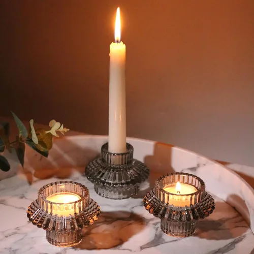 Miniatura 9 de Juego de 3 portavelas reversibles, cónicos de cristal gris y candelita para centro de mesa, boda, fiesta, decoración del hogar