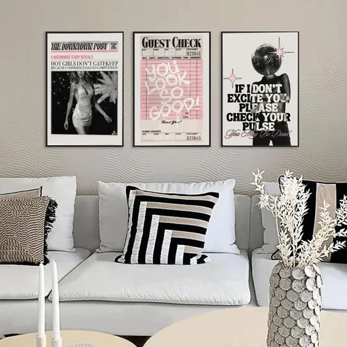 Miniatura 7 de Juego de arte de pared vintage en lienzo rosa con 3 imágenes de chicas geniales "You Look So Good" Póster de pinturas modernas y preparadas