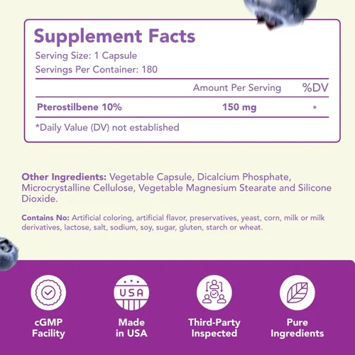 Miniatura 2 de Suplemento de pterostilbeno de 150 mg – Suplemento antioxidante una vez al día para un envejecimiento saludable para la piel y el cerebro inmune