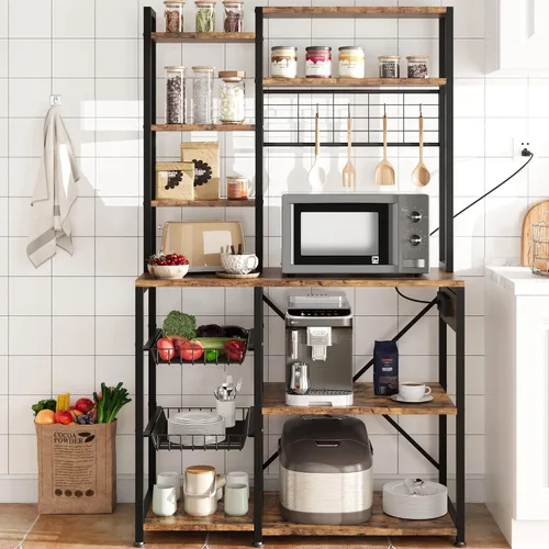 Miniatura 4 de IDEALHOUSE Estante para panaderos con toma de corriente, soporte para microondas con 2 cajones de alambre, estación de barra de café industrial