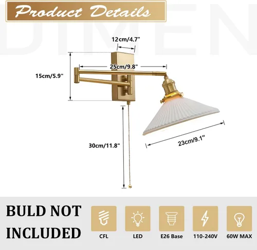 Miniatura 2 de MWL14A-2 - Juego de 2 apliques de pared dorados cepillados, lámparas de pared industriales retro con cadena de tracción, apliques de tocador