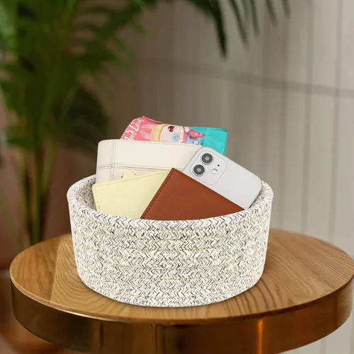 Miniatura 3 de ABenkle Cesta tejida pequeña, cesta de almacenamiento vacía pequeña y poco profunda, mini cestas de cuerda de algodón, cesta decorativa redonda