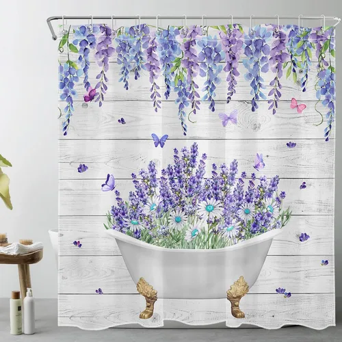 Miniatura 5 de LB Juego de cortinas de ducha de mariposa y flores con alfombras, margaritas y morado lavanda, hojas de eucalipto, cortina de ducha verde