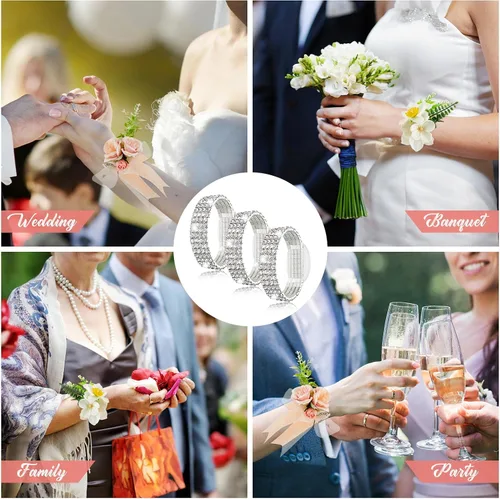 Miniatura 6 de Junkin 6 pulseras de ramillete con diamantes de imitación, elásticas, para decoración de bodas, bailes de graduación, aniversario (plateado)