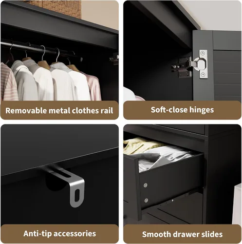 Miniatura 5 de GarveeHome Armario para guardar ropa con cajones, armario de madera de 69.5 pulgadas con barra para colgar, armario de almacenamiento para ropa