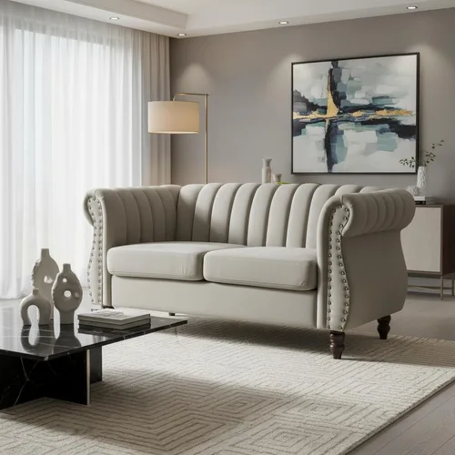 Miniatura 11 de Container Furniture Direct Darsen - Sofá Chesterfield moderno con elegantes brazos enrollados, ribete de cabeza de clavo y acolchado de canal, sofá