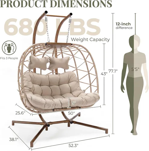 Miniatura 4 de RADIATA Silla colgante de huevo para 2 personas con soporte, silla de huevo doble para exteriores con canasta plegable, silla columpio de mimbre XL