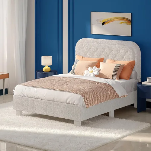 Miniatura 10 de VINGLI Base de cama individual para niños, cama de plataforma tapizada Boucle con cabecera ajustable, soporte de listones de madera resistente, cama