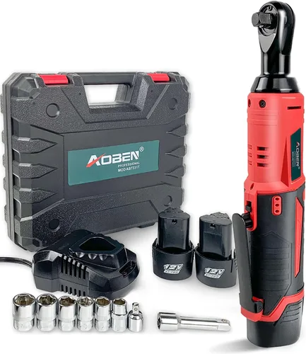 AOBEN Juego de llaves de trinquete eléctricas inalámbricas, kit de herramientas de trinquete de 3/8 pulgadas 12 V con 2 paquetes de batería de iones