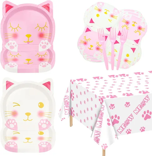 81 piezas de decoraciones de fiesta de cumpleaños de gatos, incluyendo platos de gato rosa y blanco, servilletas para mascotas y mantel MEOW para