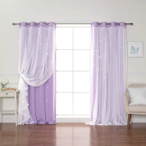 Miniatura 18 de Best Home Fashion Par de cortinas opacas con revestimiento de tul y corte láser, paneles de ventana con ojales plateados para dormitorio, habitación